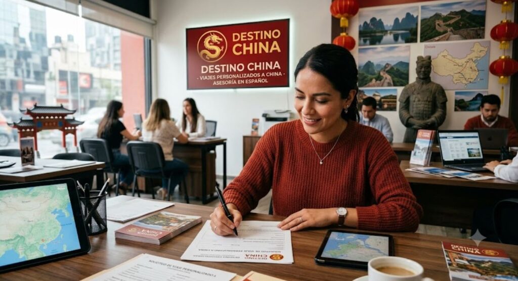 Cliente en oficina de Destino Chino, entusiasta llenando el formulario para viajar a China